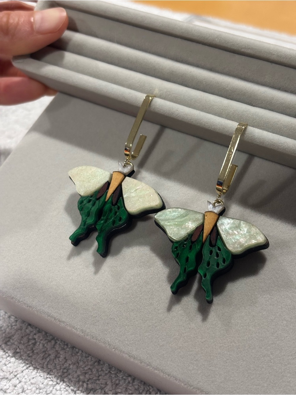 Green & White Butterfly Drop Earrings - Picture 5 of 14